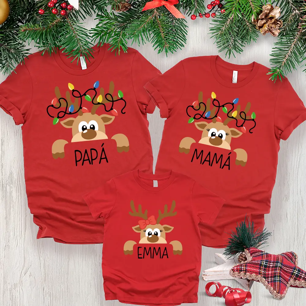 🦌 Pack 3 camisetas personalizadas Navidad - Familia de renos con luces - Imagen 3
