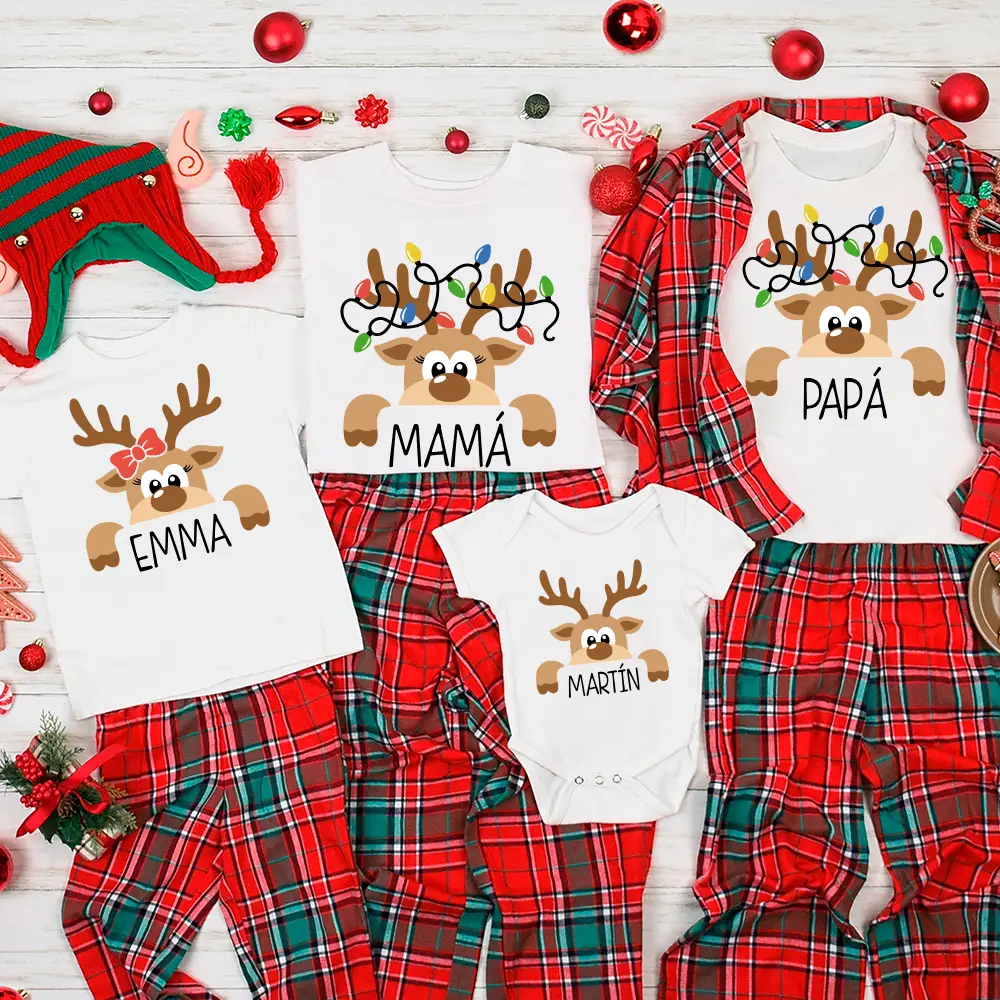 🦌 Pack 3 camisetas personalizadas Navidad - Familia de renos con luces - Imagen 2