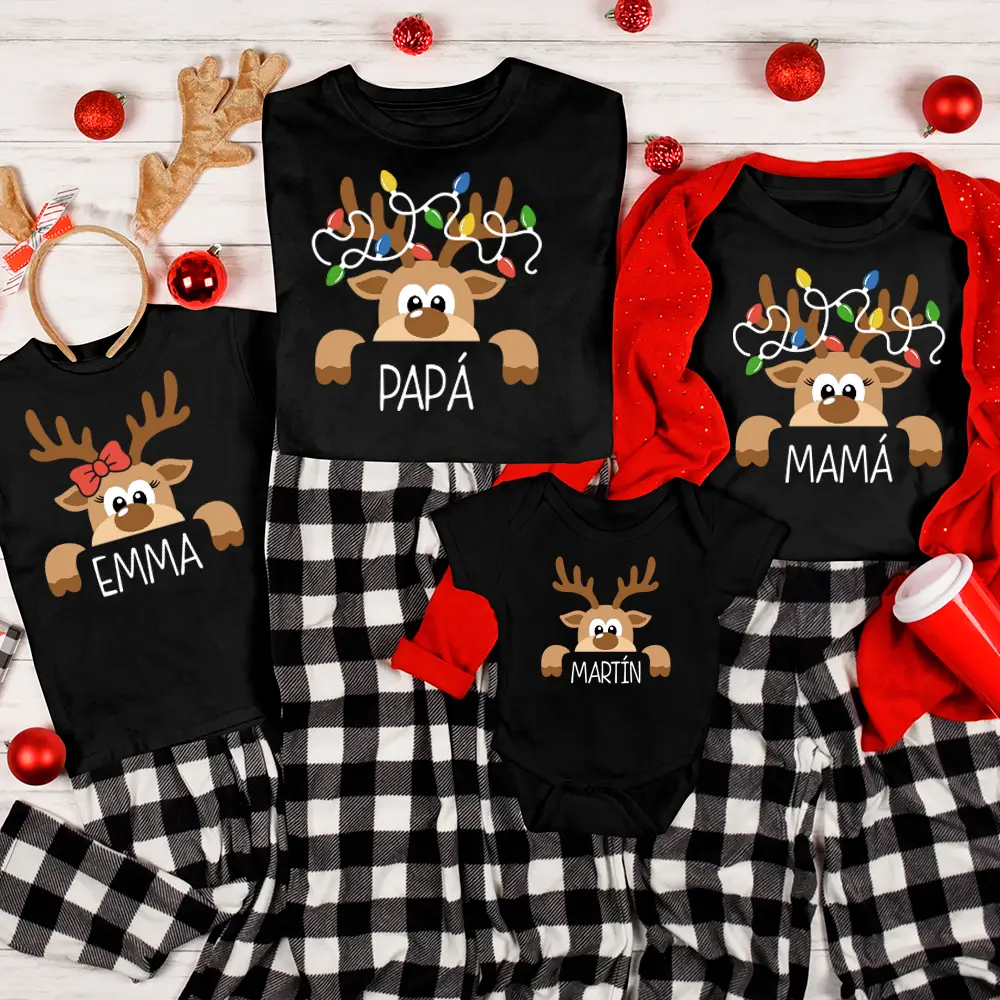 🦌 Pack 3 camisetas personalizadas Navidad - Familia de renos con luces