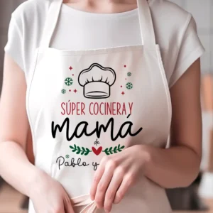 Delantal personalizado “Súper cocinera y mamá de…” con caja regalo 🎁