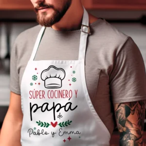 Delantal personalizado “Súper cocinero y papá de…” con caja regalo 🎁