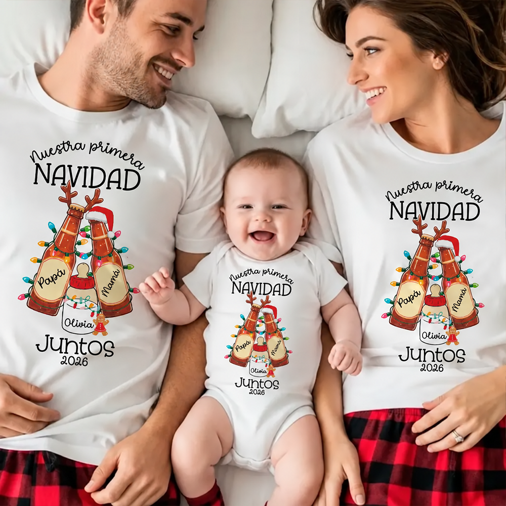 Pack familiar “Nuestra primera Navidad juntos 2026” 🍻 Diseño Brindis Navideño Botellas Personalizado