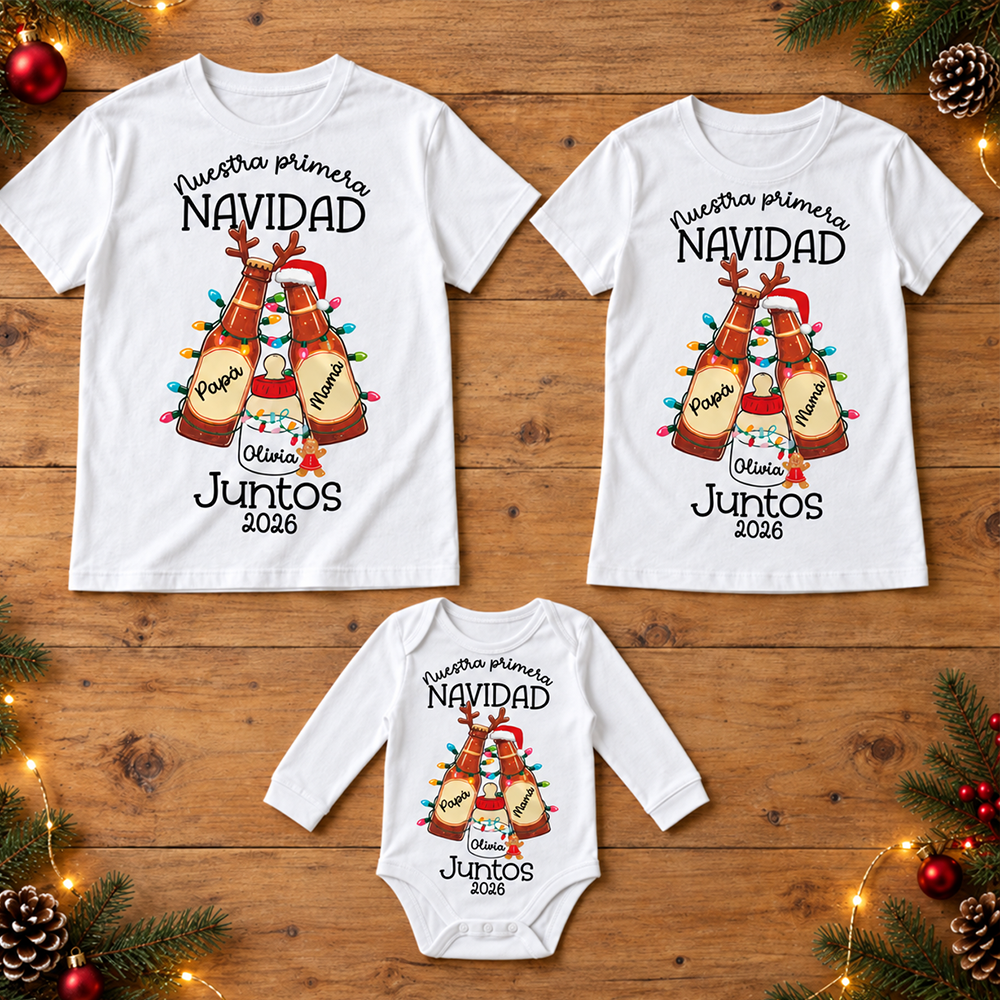 Pack familiar “Nuestra primera Navidad juntos 2026” 🍻 Diseño Brindis Navideño Botellas Personalizado - Imagen 2