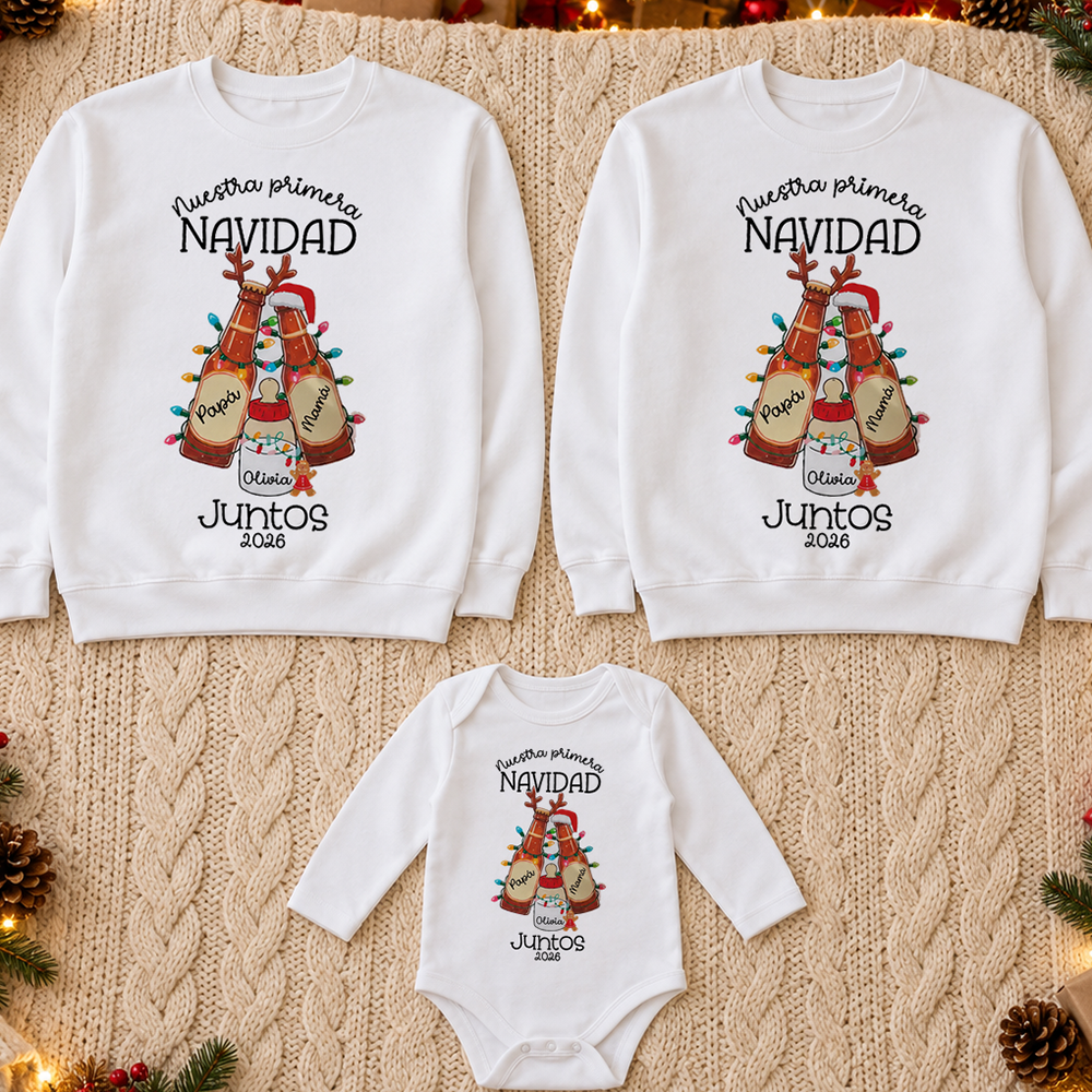 Pack familiar “Nuestra primera Navidad juntos 2026” 🍻 Diseño Brindis Navideño Botellas Personalizado - Imagen 5